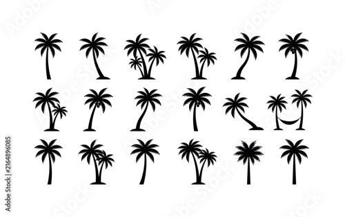 Collection of diverse black palm tree silhouettes for tropical designs
