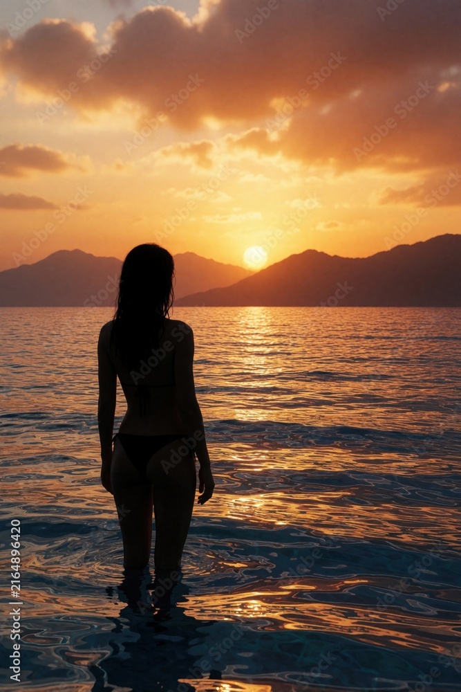 Fototapeta premium Woman in bikini stands in sea water watching sunset over mountains. Orange sky, golden light reflect on ocean waves. Peaceful beach scene, solitary figure enjoys nature.