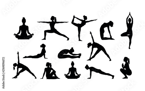 Collection of diverse yoga poses silhouettes for fitness and wellness