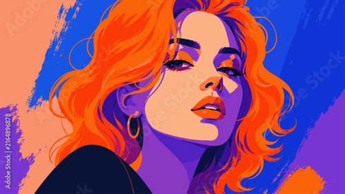 Vibrant portrait of a woman with fiery orange hair and bold makeup
