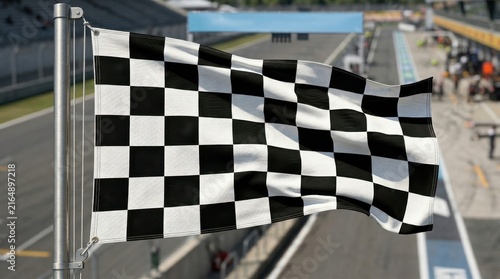 Waving checkered flag signals the end of a thrilling motorsport race