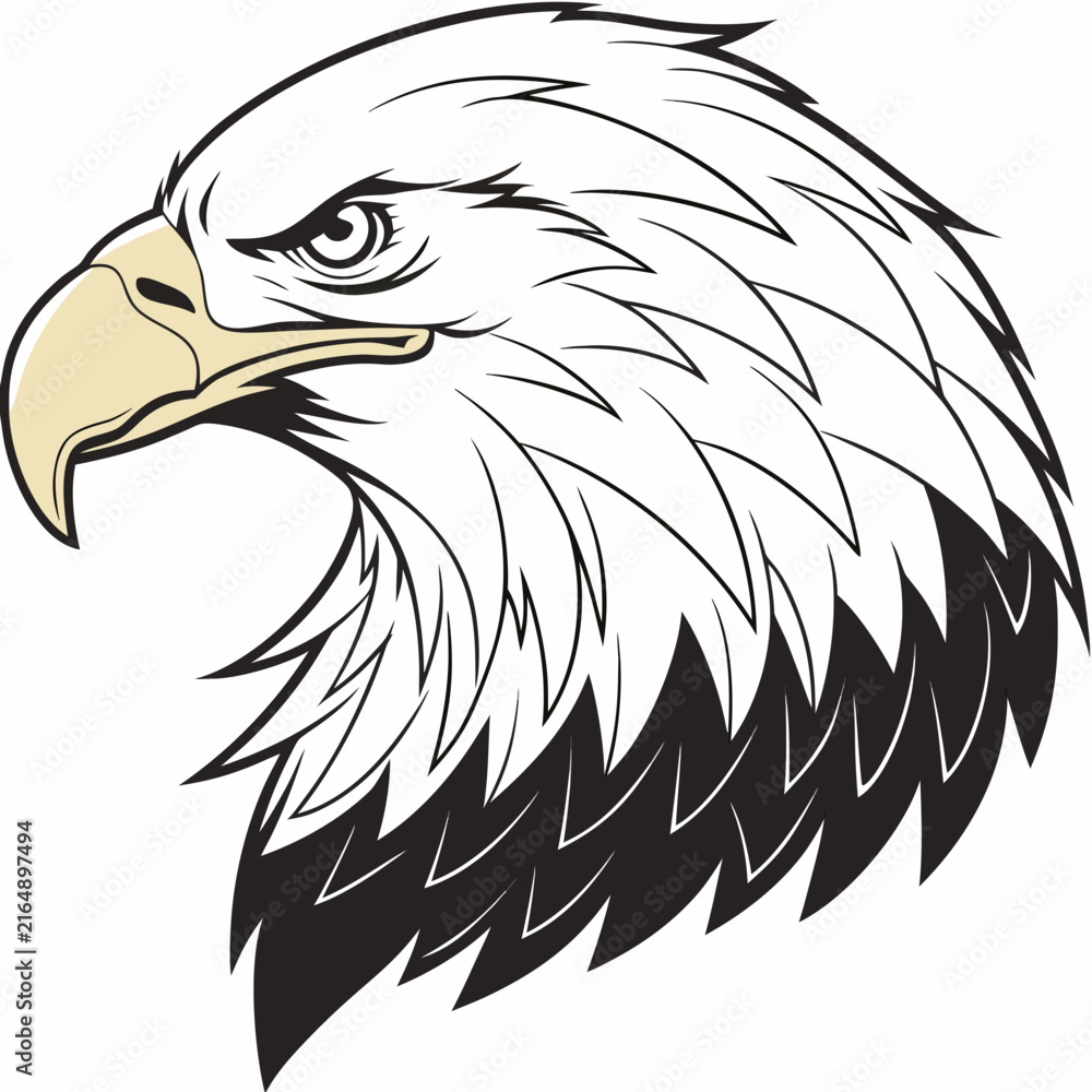 Fototapeta premium A detailed black and white line profile portrait of a bald eagle head with a yellow beak, isolated bird