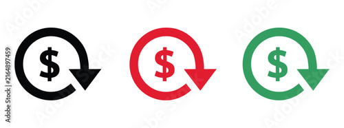 Refund Icons: A set of three icons depicting a dollar sign within a circle with a downward-pointing arrow, symbolizing a refund or cashback. money back, save money, discount, price tag, consumer.