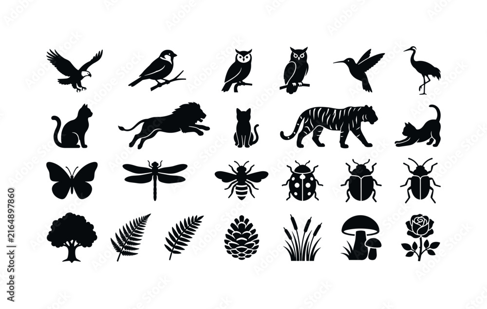 Naklejka premium Collection of diverse animal and nature silhouettes in black and white