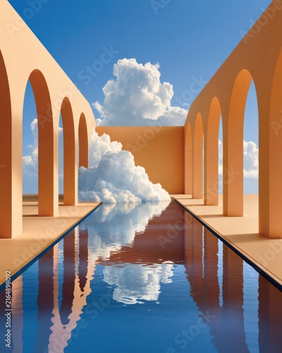 Dreamlike indoor pool with terracotta arches, clouds and mirror-like water reflecting a surreal sky