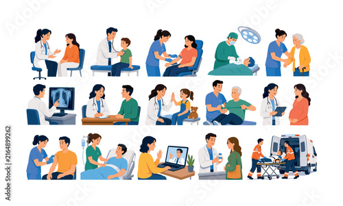 Diverse medical professionals providing healthcare services to patients of all ages