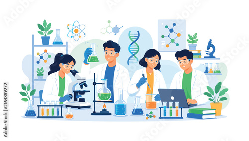 Diverse scientists collaborating in a modern laboratory with advanced equipment and colorful experiments
