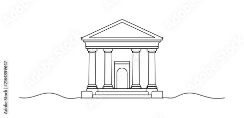 Minimalist line drawing of a classical building with columns and pediment