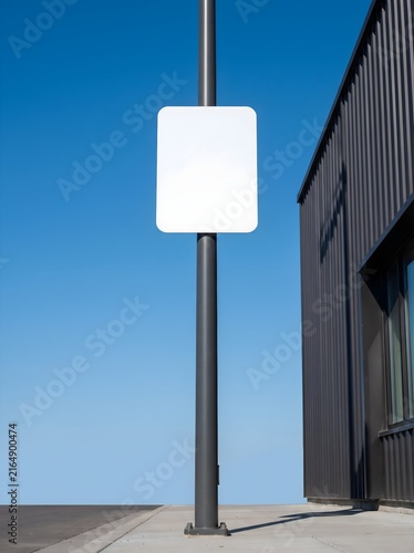 A blank white rectangular sign mounted on a metal pole against a clear blue sky background