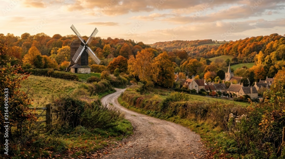 Obraz premium Idyllic countryside road leads to a charming village with a historic windmill