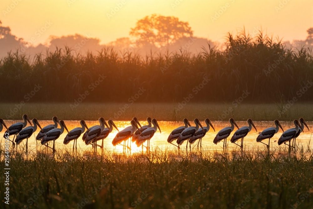 Naklejka premium Painted storks gather in shallow water at sunrise. Flock wades through wetland reeds against warm golden sky. Birds display long beaks and white feathers.