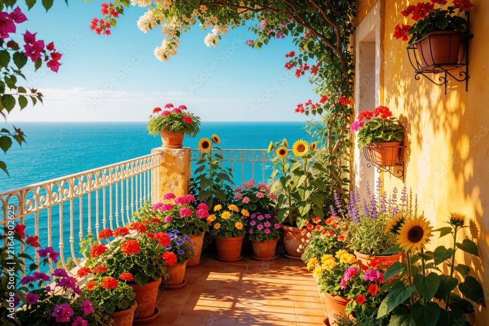 Fototapeta premium Vibrant balcony garden blooms with flowers overlooking a clear blue sea on a sunny day. Potted plants on terrace create beautiful Mediterranean outdoor living space.