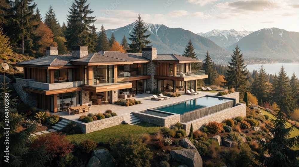 Fototapeta premium Modern luxury mansion perched on a hill overlooks lake and mountains. Infinity pool, spacious patio, and large windows complement stone and wood exterior in serene natural setting.