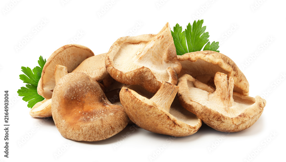 Fototapeta premium Fresh shiitake mushrooms and parsley leaves isolated on white