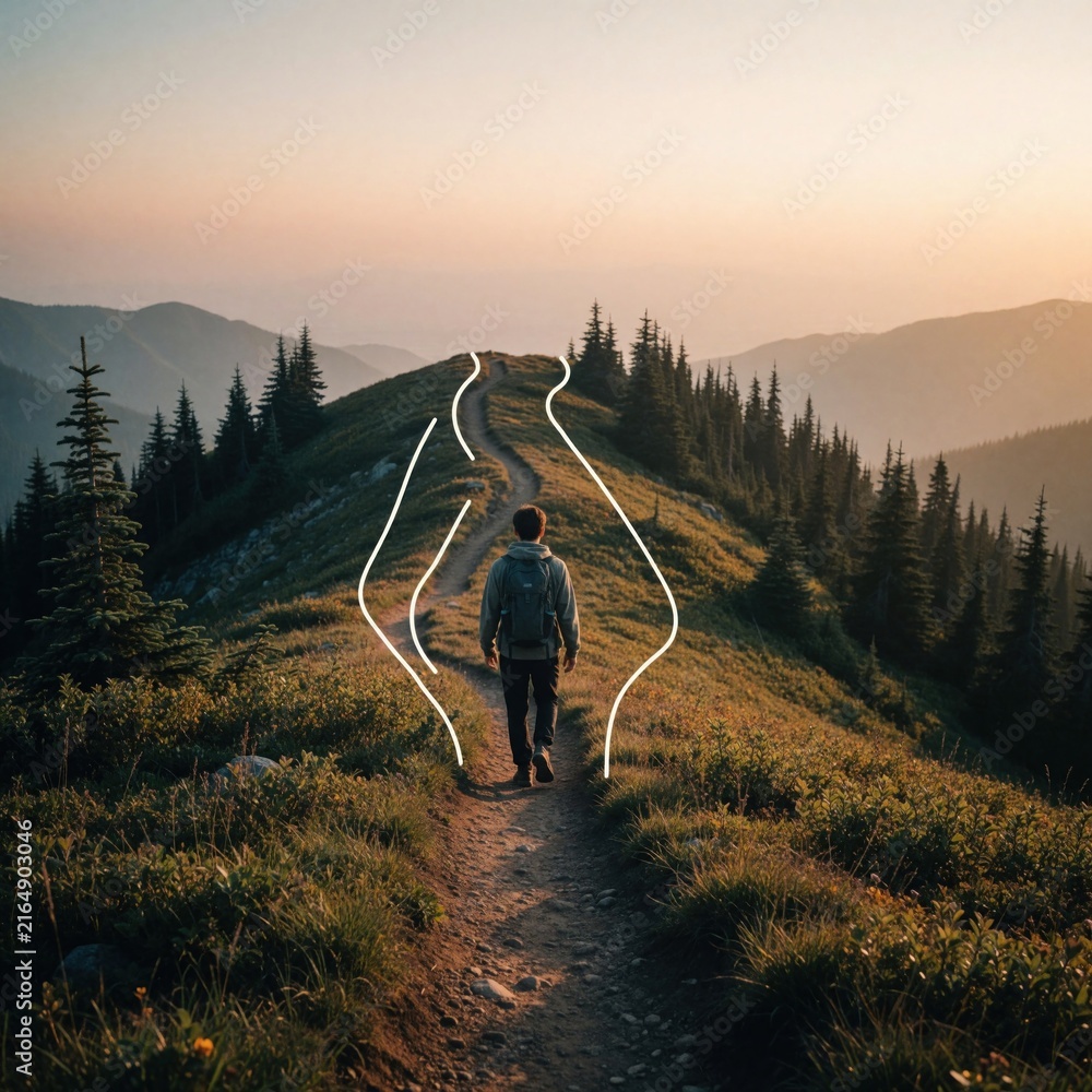 Naklejka premium Back view of lone hiker walking on mountain trail towards glowing sunrise horizon. Person follows winding path through pine forest landscape. Scenic trekking adventure in wilderness during golden