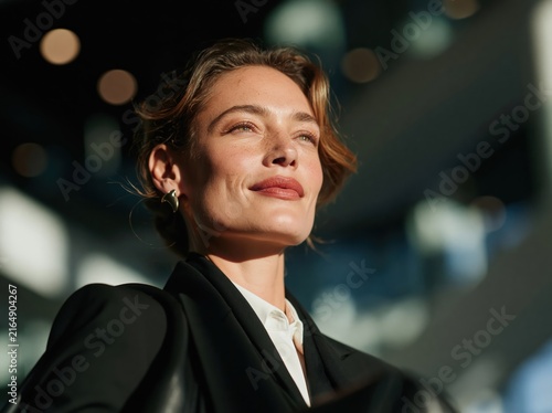Confident businesswoman looking up with a slight smile, bathed in sunlight