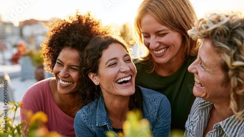 Diverse group of smiling women friends enjoying a happy outdoor gathering at sunset, laughing together, celebrating friendship and genuine connection with joy and community spirit