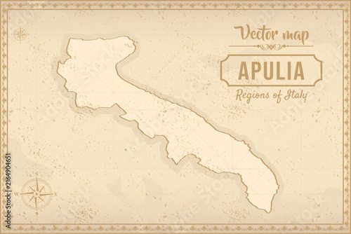 Vintage antique-style vector map of Apulia region, Italy. Aged parchment texture, compass rose & decorative border. Perfect for travel & editorial design!