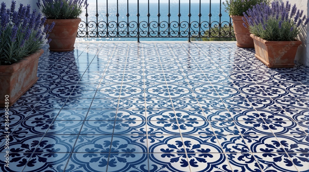 Fototapeta premium Blue, white patterned ceramic tiles cover sunny terrace overlooking ocean. Potted lavender plants sit near decorative metal balustrade, creating Mediterranean ambiance. Scene suggests relaxation,