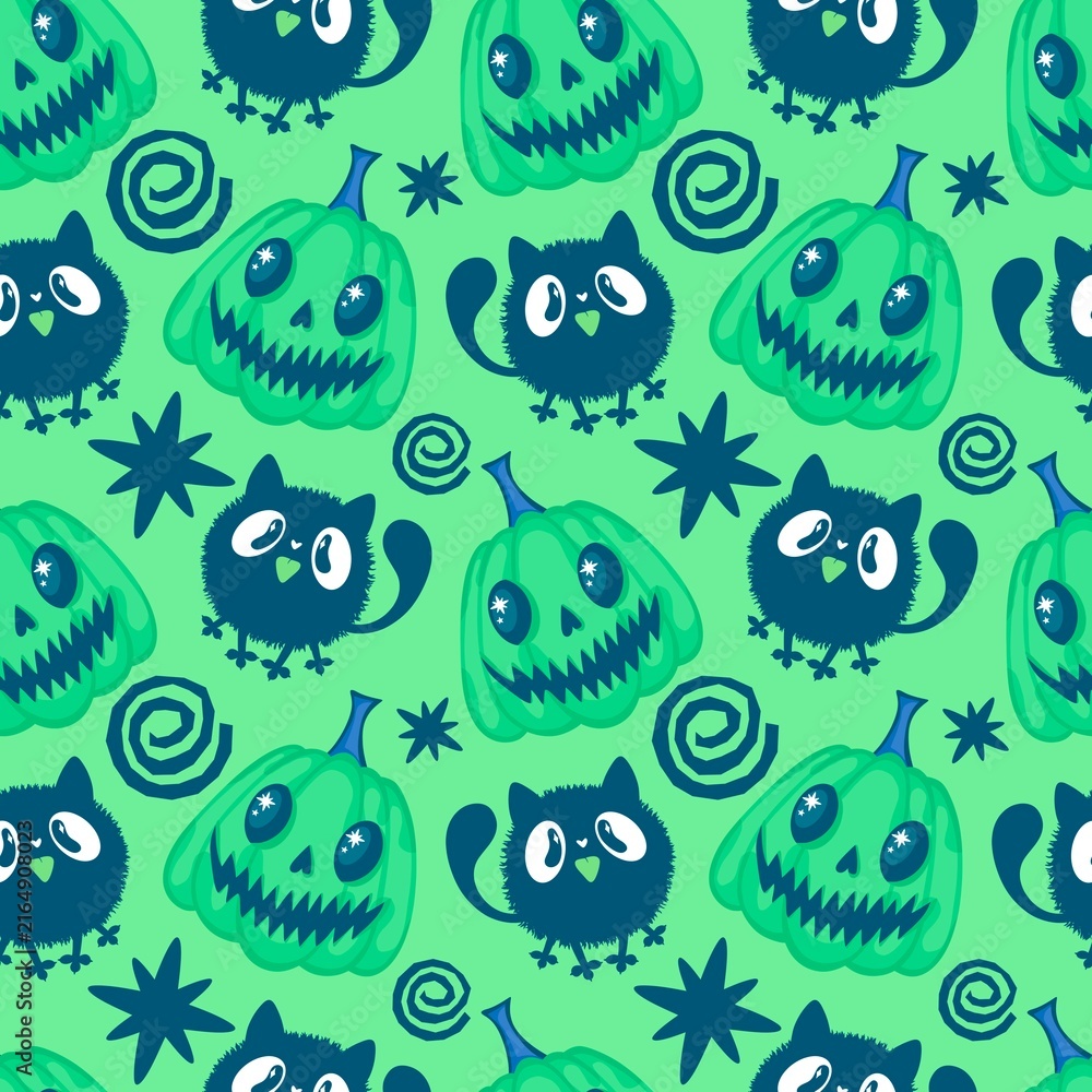 Obraz premium Autumn harvest vegetable seamless monster Halloween pumpkins pattern for wrapping paper and fabrics