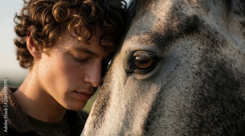 Young man rests forehead against horse head. Close up portrait shows deep emotional bond between human  animal. Peaceful moment of trust  empathy  connection in nature. Calm person feels closeness