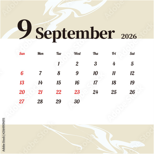 2026年9月の月間カレンダー 日曜始まり 日本の祝日  マーブル模様