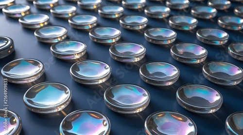 Iridescent glass discs arranged in a precise grid pattern on a dark blue surface.