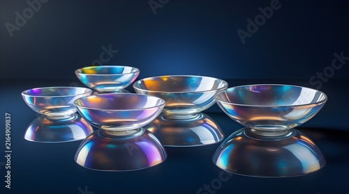 Iridescent glass bowls reflecting vibrant colors on a dark blue studio background.