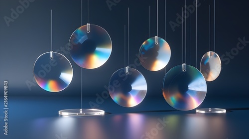 Hanging iridescent glass discs reflecting vibrant light on a dark background.