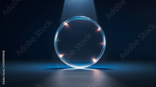 Glowing blue energy ring with sparkling particles under a spotlight on a dark stage