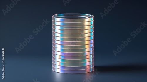 Cylindrical stack of clear iridescent glass discs on a dark blue surface.