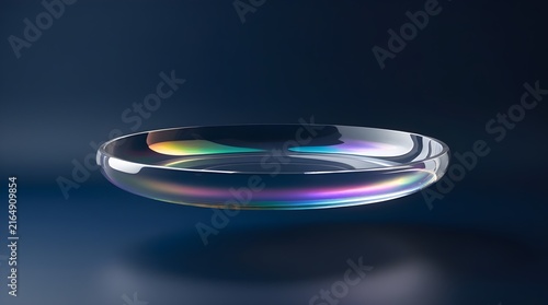Clear glass disc with vibrant iridescent reflections floating on a dark blue surface