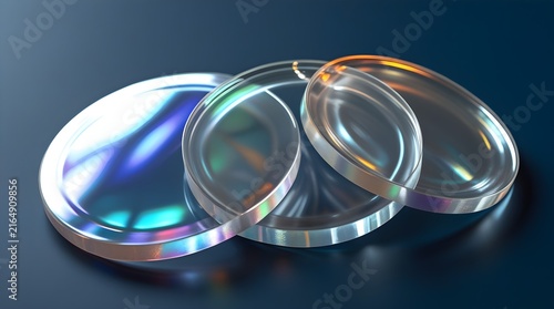 Overlapping clear glass discs with vibrant iridescent reflections on a dark blue surface