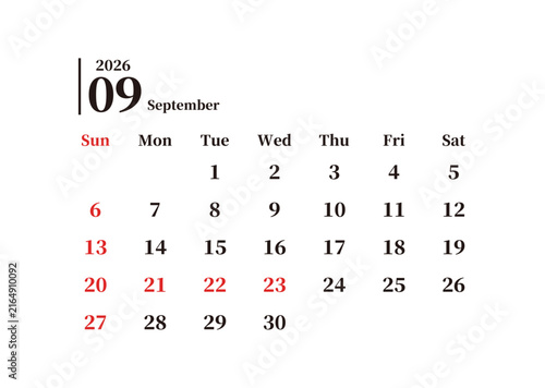 2026年9月の月別カレンダー 日曜始まり シルバーウィーク