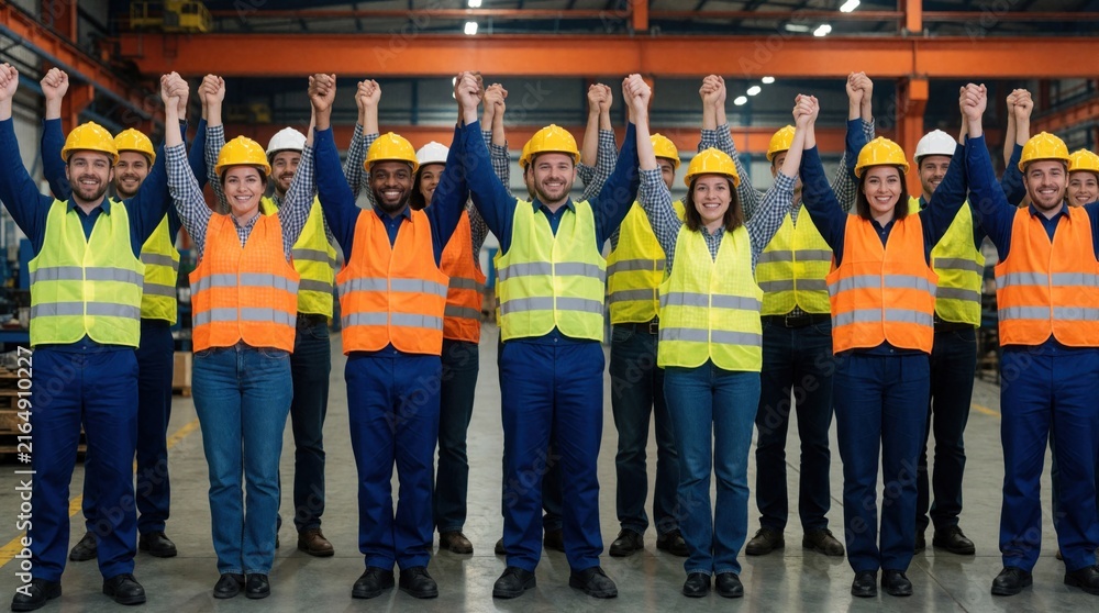 Obraz premium Diverse team of factory workers in safety gear raise hands in united celebration. Smiling men and women employees feel pride in job accomplishment. People work together happily in industrial facility.