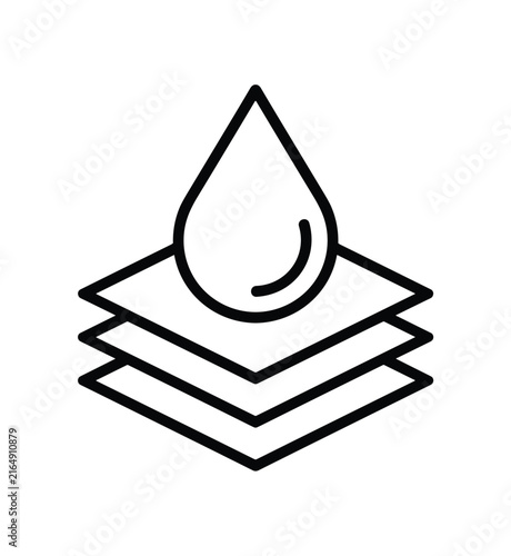 Konstfotografi Water Resistance Layered Material: A graphic icon representing a droplet of liquid resting on a stack of layered material, symbolizing absorbency or water resistance