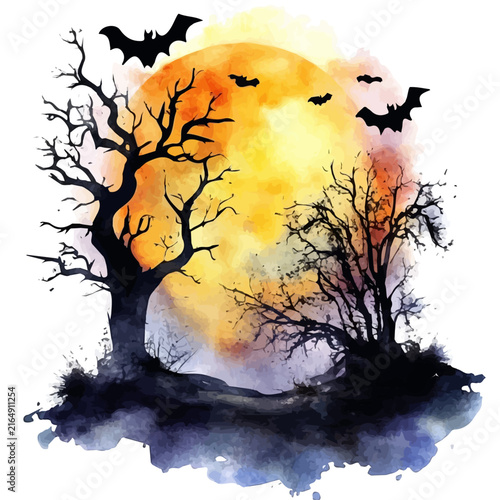 Bild auf Leinwand watercolor draw of Night Halloween, isolated on a white background