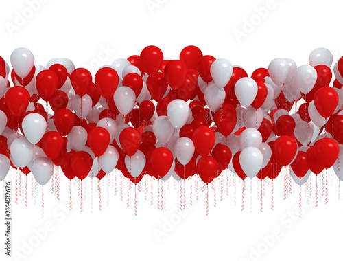 Red and white party balloons in a row. Isolated on white background. 3d render