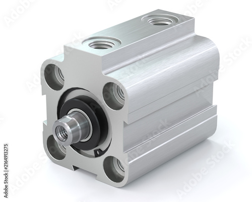 Compact double-acting pneumatic cylinder with aluminum body and internal thread piston rod isolated on white background. 3d render