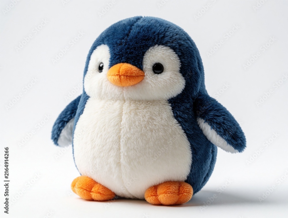Fototapeta premium Cute blue, white penguin plush toy isolated on white background. Small soft stuffed animal sits front view. Fluffy bird toy for kids gift nursery decor. Adorable character mascot for children play