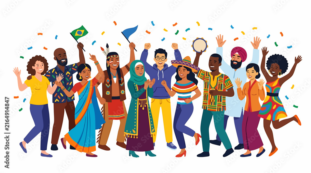 Obraz premium Diverse group of people celebrating together with confetti and flags isolated on white background