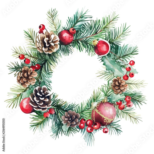 Christmas Wreath, lively watercolor vector drawing with intricate brush, isolated on a white background.