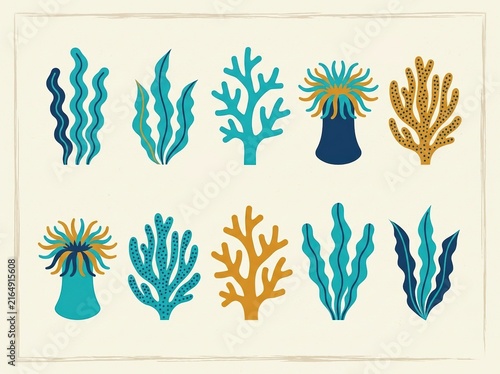 Set of colorful handdrawn marine plants, sea anemones, and corals, underwater flora elements for oceanthemed design projects