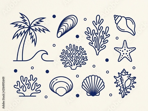 Set of hand drawn marine elements including palm tree, sea shells, starfish and corals isolated on white background