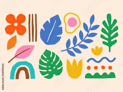 Abstract botanical and geometric shapes set, modern flat vector illustration with colorful leaves, flowers, and organic elements on a light background