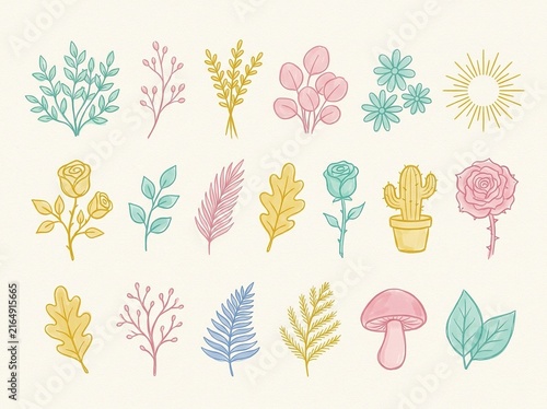 Cute hand drawn vector set of botanical elements, flowers, leaves, and mushroom set 1