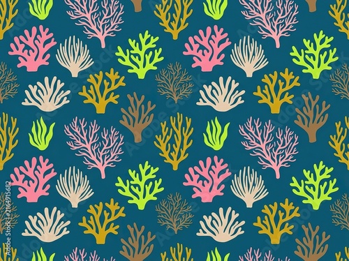 Seamless pattern with various colorful corals on a blue background, underwater marine life illustration for textile or wallpaper design