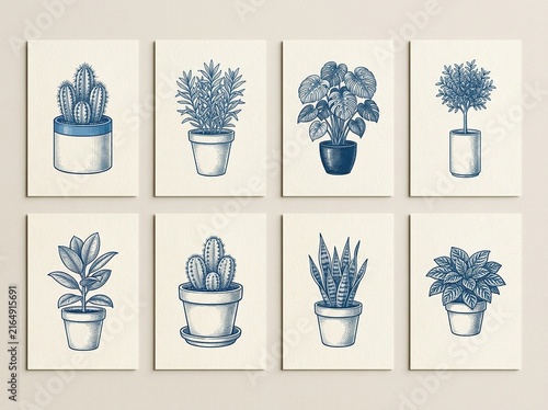 Set of handdrawn potted house plants in vintage engraving style, collection of botanical illustrations of various indoor greenery in pots