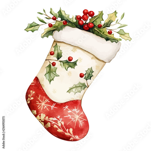 Christmas Stocking, whimsical watercolor vector illustration with vibrant highlights and delicate strokes, isolated on a white background.