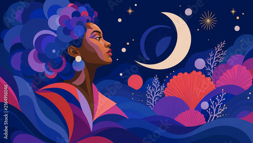 Woman of African descent contemplating a crescent moon in an abstract celestial universe.